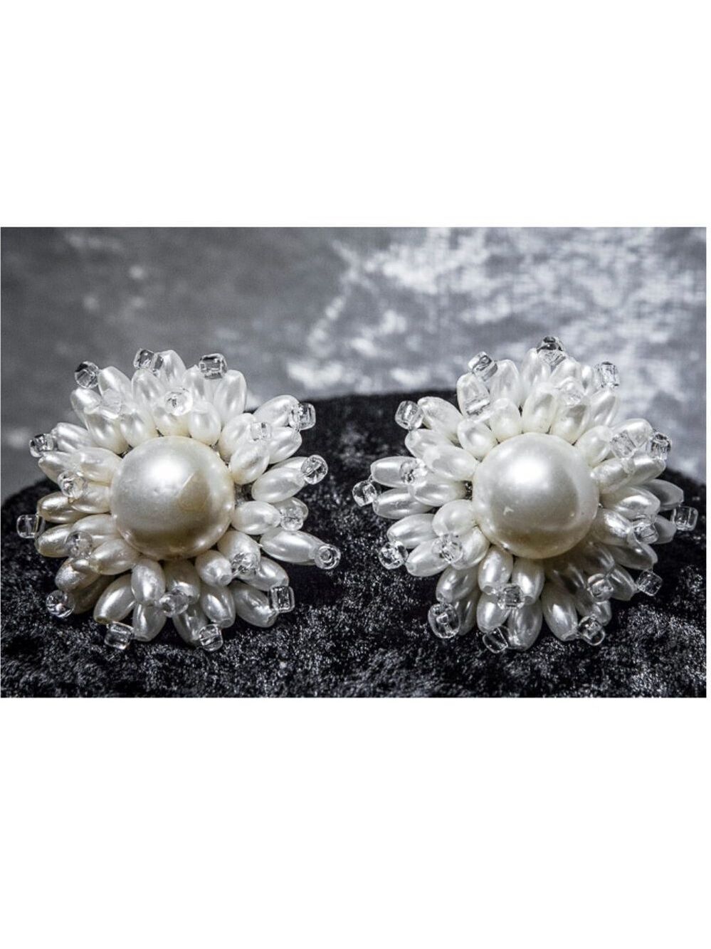 PRETTY Vintage Faux Pearl and Clear Beads Cluster Style Earrings CLIP ON